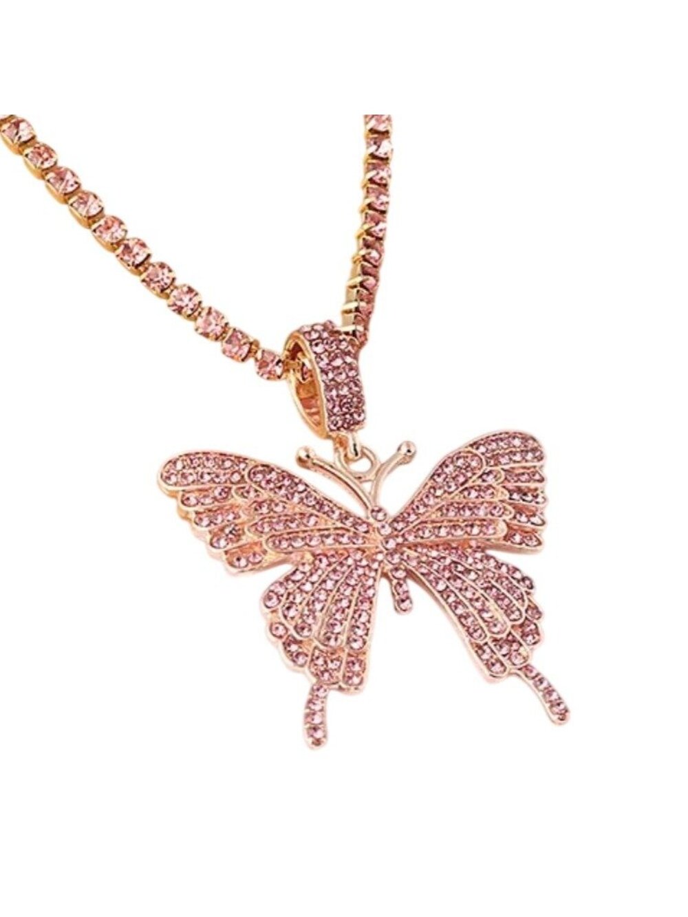Butterfly Pendant Necklace With Pink Crystal Gold Tone